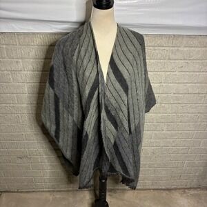 TALULA Women's Gray Black Stripe Asymmetrical‎ Fringe Shawl Wrap Poncho Sweater